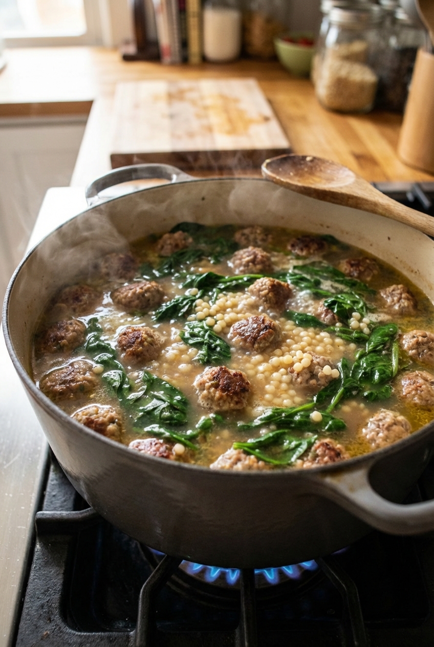 A pot of Italian wedding soup simmering on the stove with mini meatballs and greens