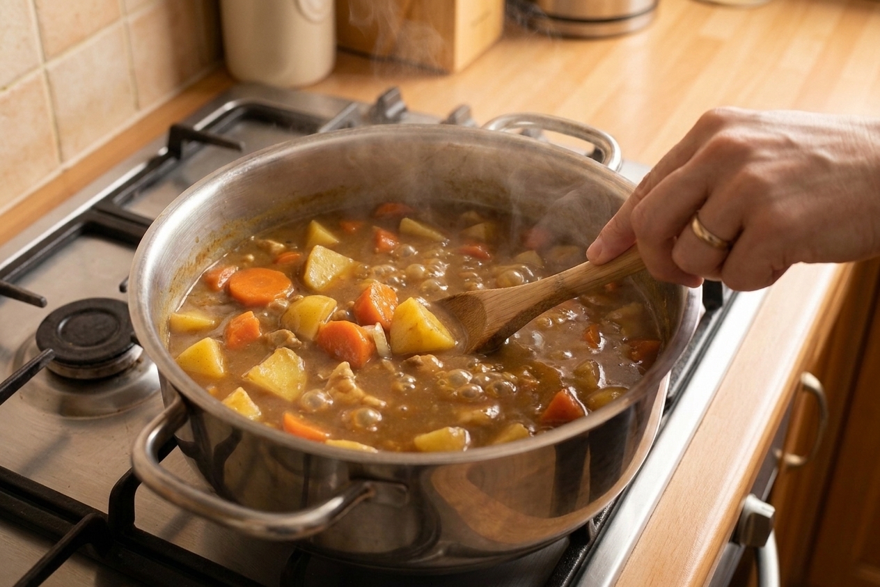 A pot of Japanese style curry simmering with visible carrot slices and potato chunks, small bubbles rising at the surface on a home stove