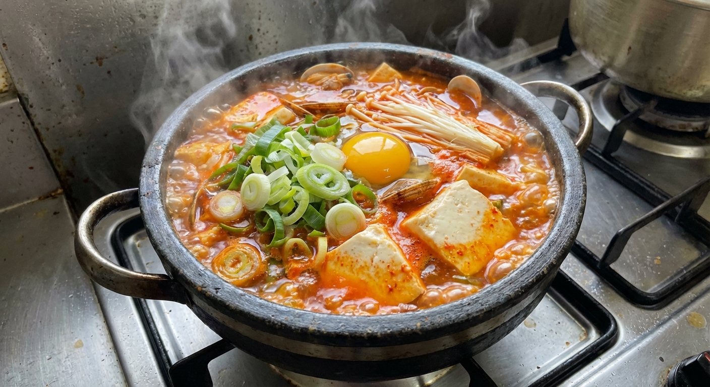 A pot of Korean soft tofu soup bubbling on the stove with soft tofu chunks and sliced scallions floating in a red broth