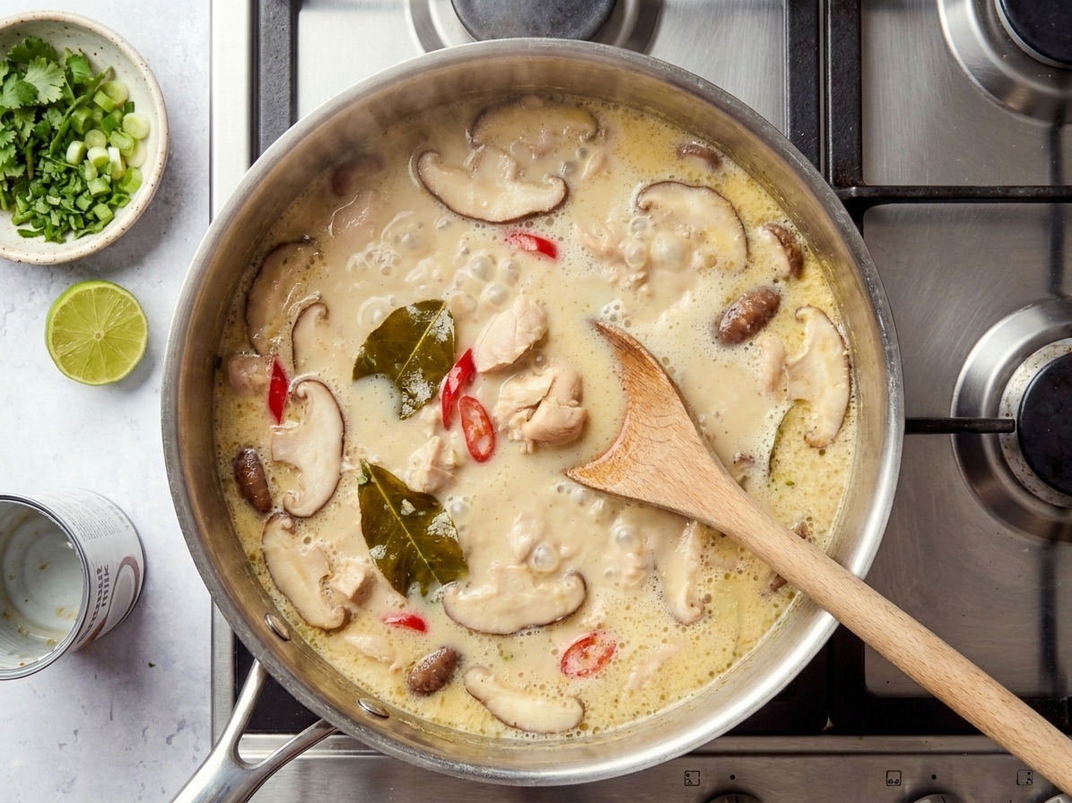 A pot of Thai coconut soup gently simmering on a stovetop with mushrooms and chicken visible in the broth