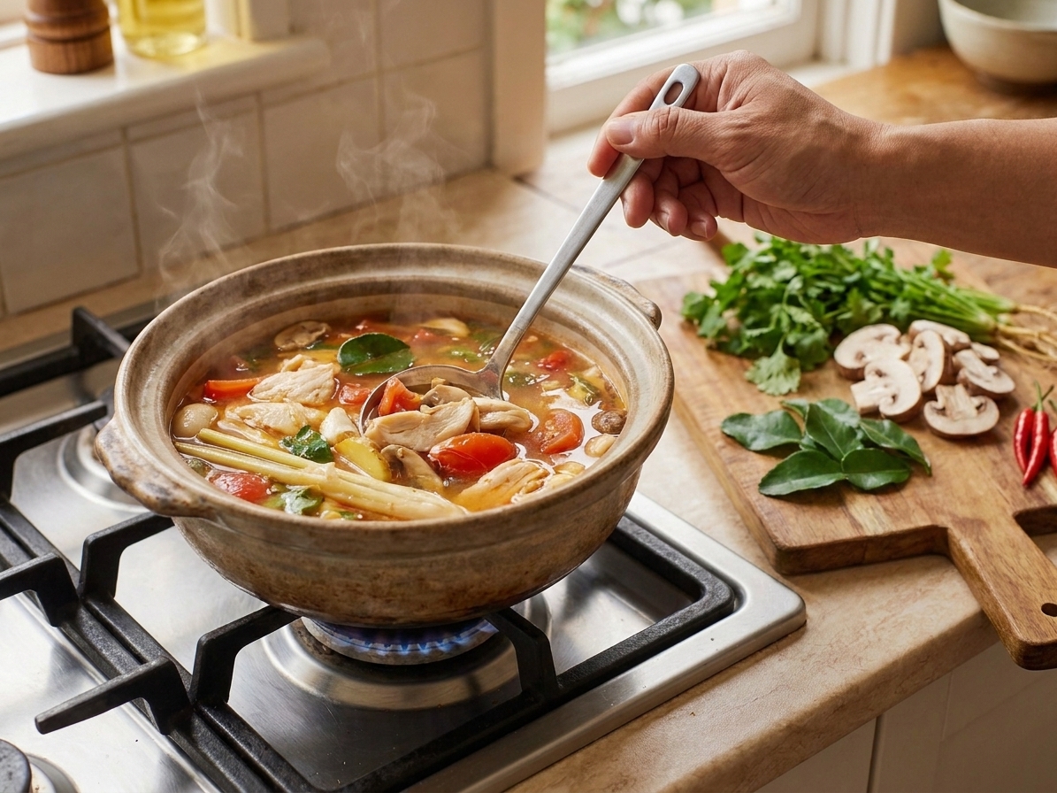 A pot of Thai hot and sour soup being stirred on a stovetop with fresh herbs and sliced mushrooms on a nearby cutting board, warm kitchen lighting