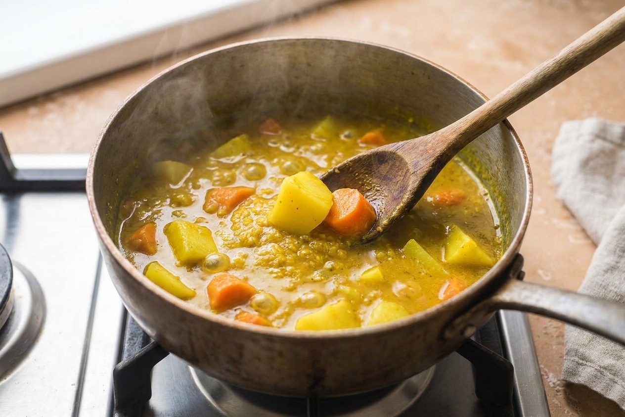 A pot of Thai yellow curry gently simmering with potatoes and carrots visible in the golden coconut broth on a stovetop