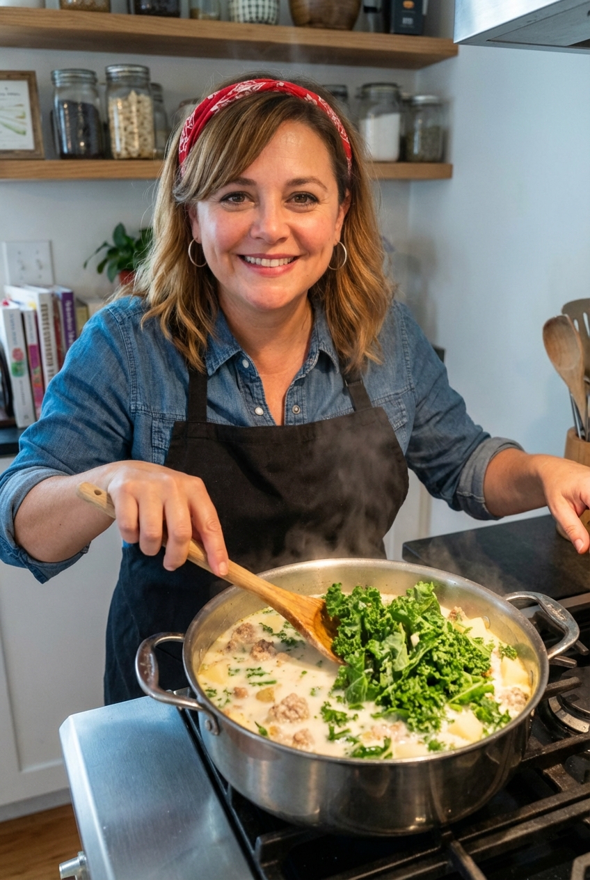A pot of Zuppa Toscana simmering on a stovetop with kale being stirred in at the last minute