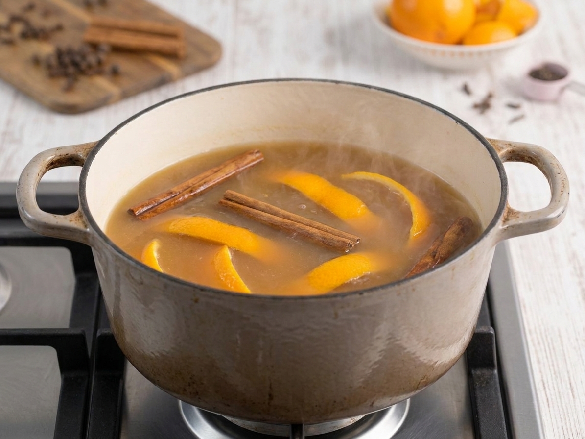 A pot of apple cider gently simmering on a stovetop with cinnamon sticks and orange peel floating on top