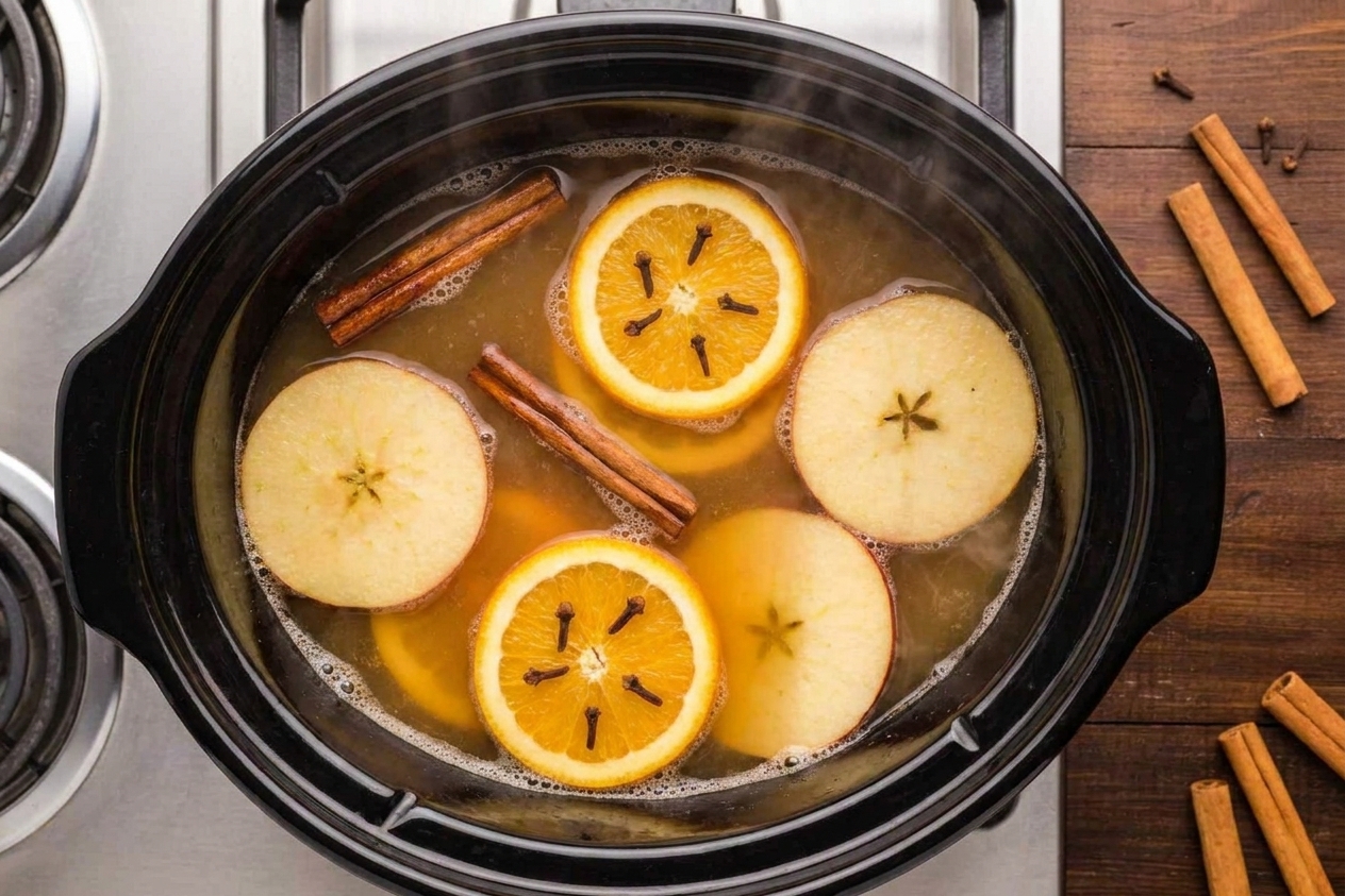 A pot of apple cider gently simmering with cinnamon sticks and orange slices floating on the surface on a stovetop