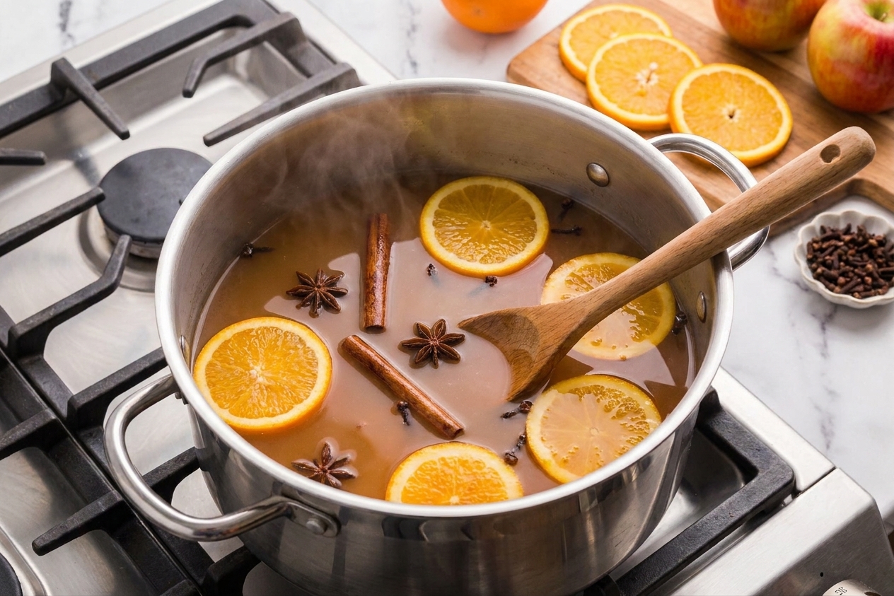 A pot of apple cider gently simmering with floating orange slices and whole spices on a stovetop