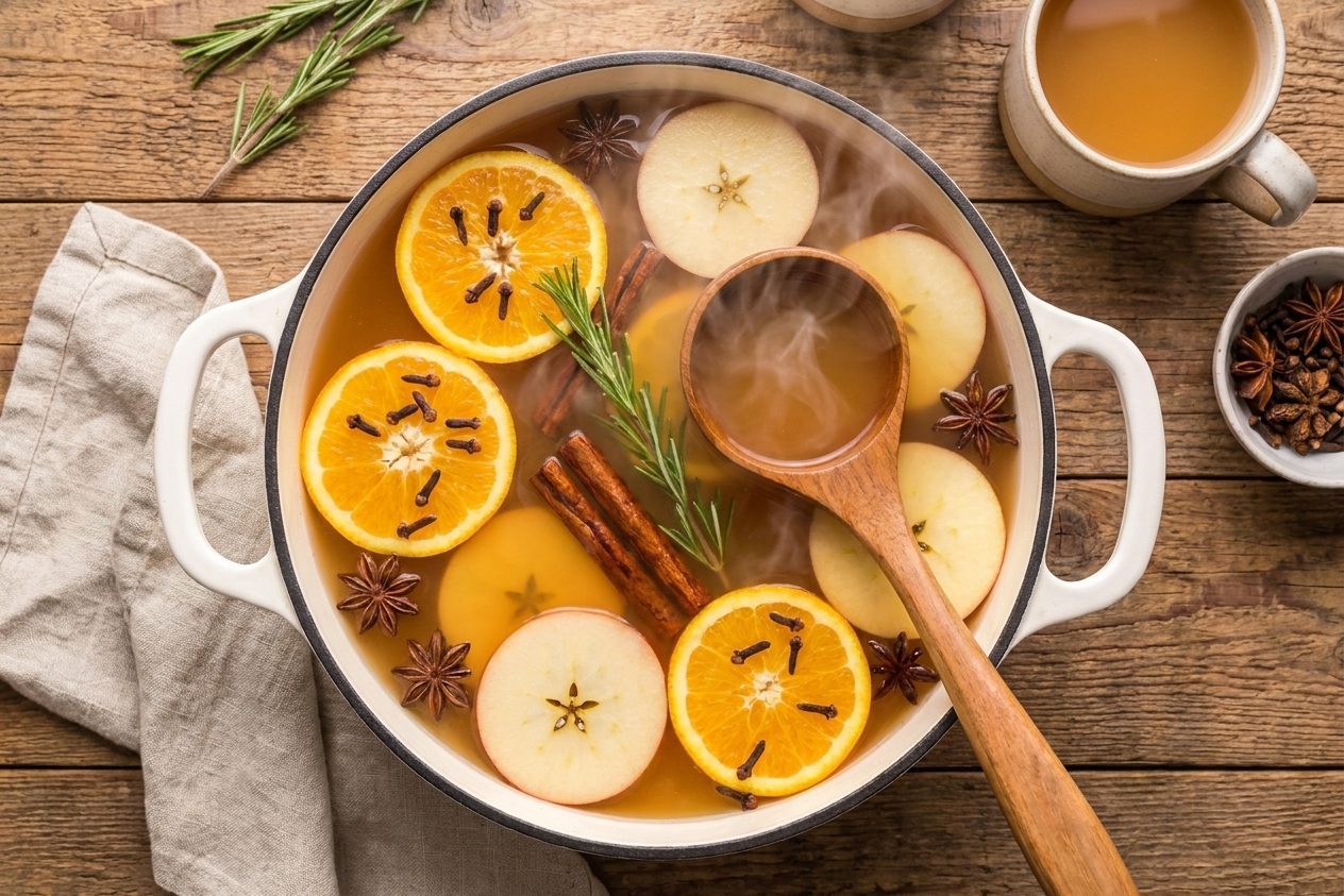 A pot of apple cider steaming gently with cinnamon sticks and orange slices floating on the surface
