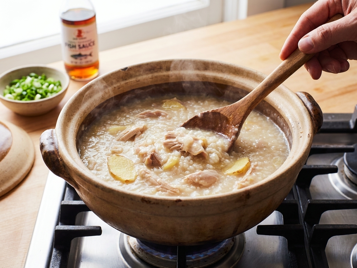 A pot of arroz caldo gently simmering on the stove with a wooden spoon stirring creamy rice porridge and visible pieces of chicken