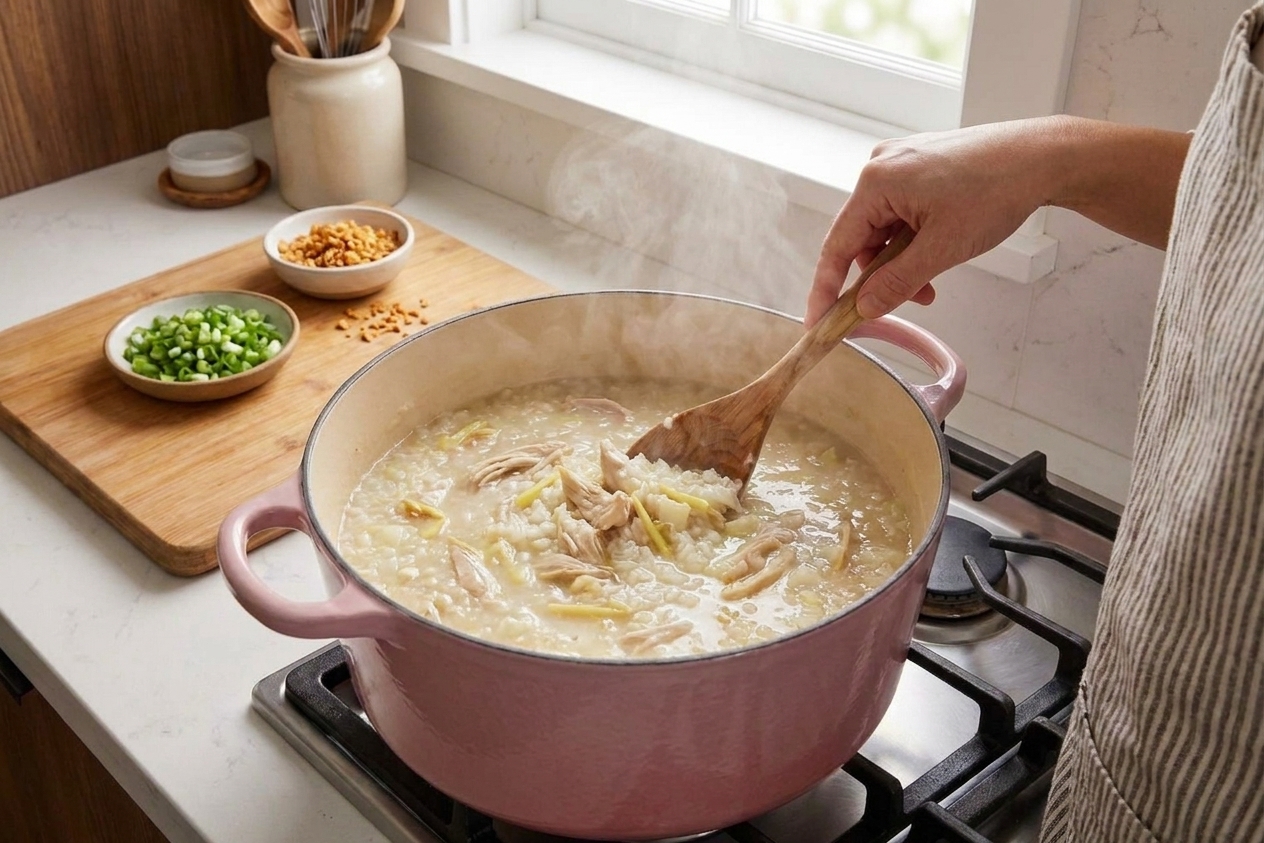A pot of arroz caldo simmering on the stove with chicken pieces visible and a wooden spoon stirring creamy rice