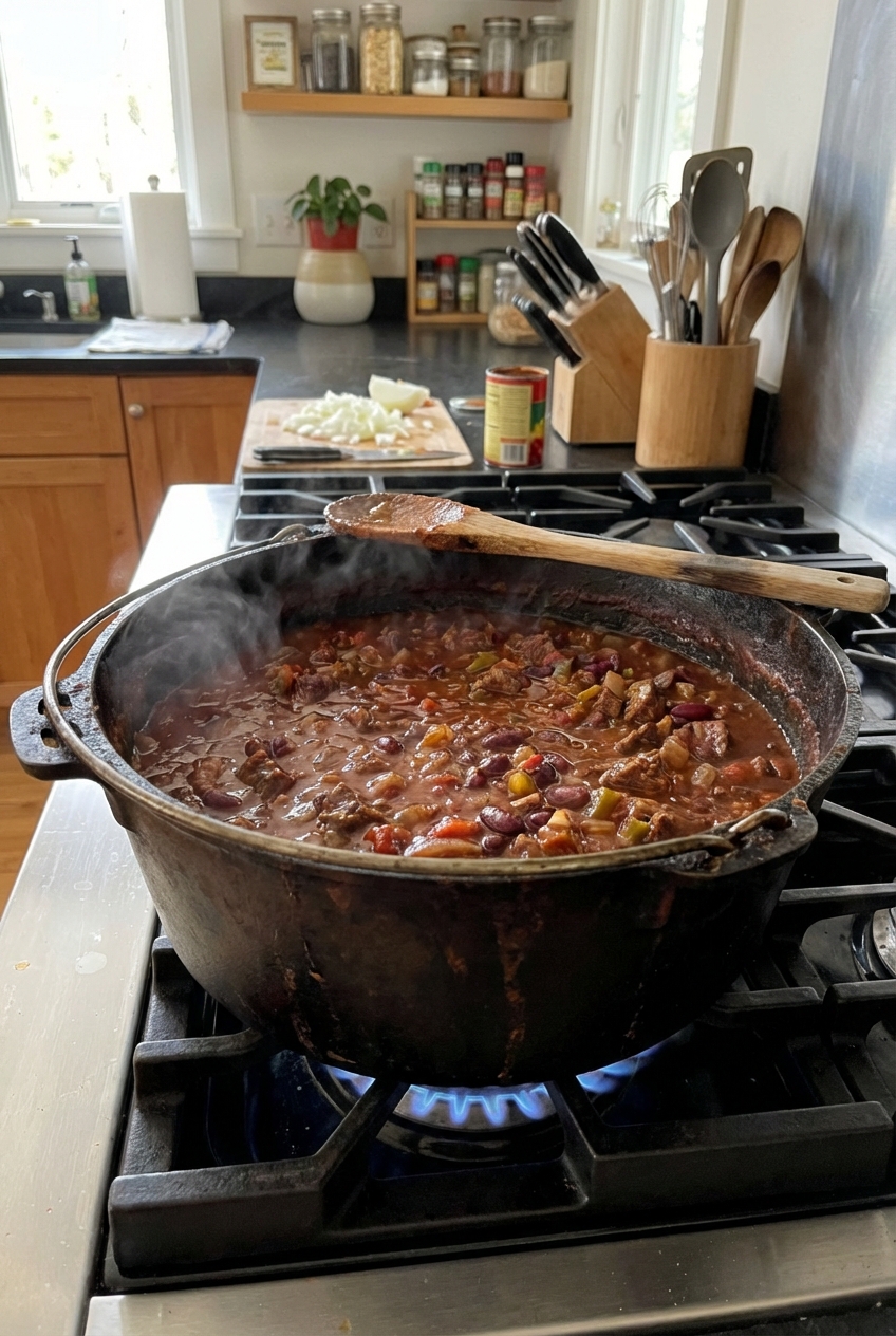 A pot of beef chili simmering on a stovetop with a wooden spoon resting on the rim