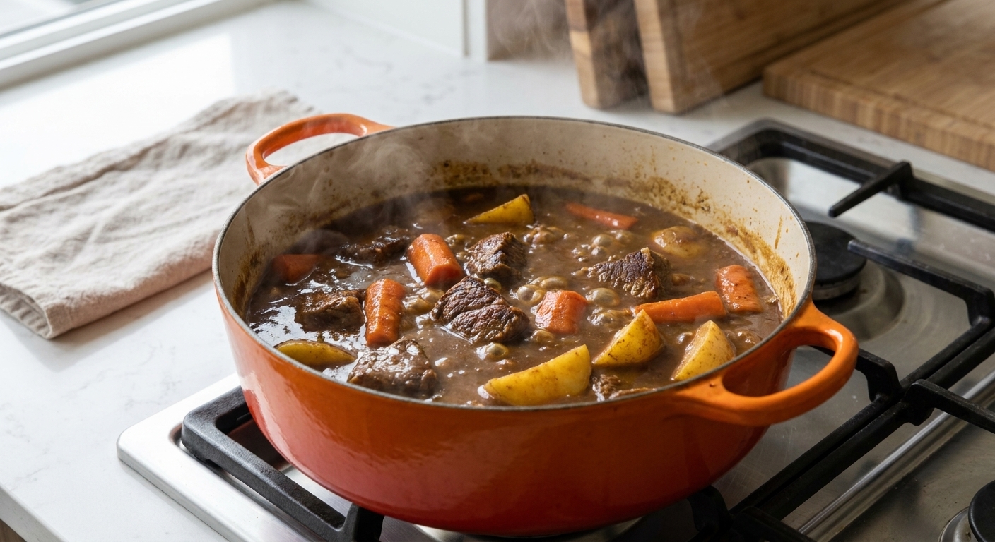 A pot of beef curry gently simmering with carrots and potato chunks visible in the sauce, steam rising on a stovetop