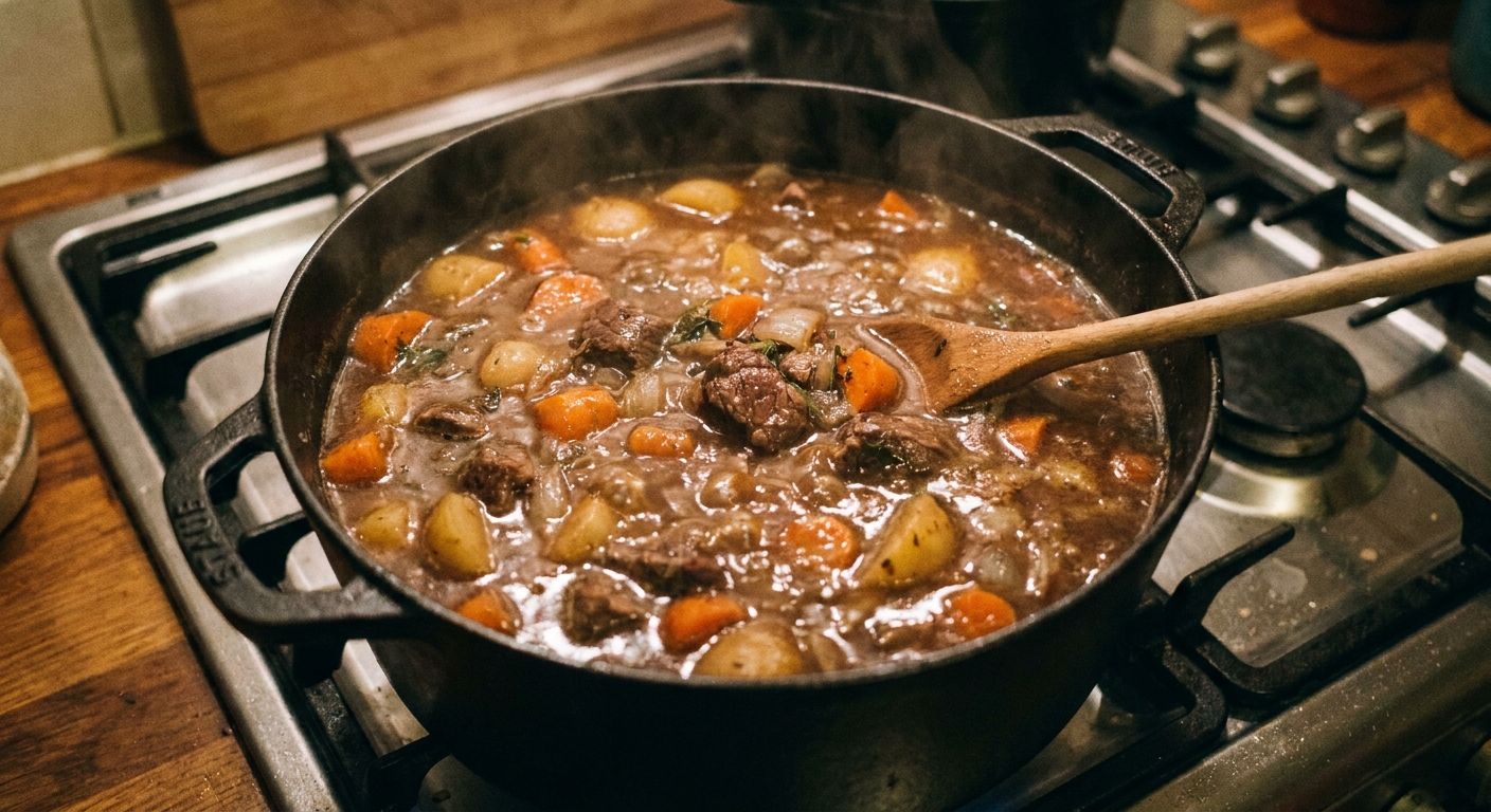 A pot of beef stew gently simmering on a stovetop with visible bubbles and tender chunks of beef and vegetables in rich gravy, real photograph