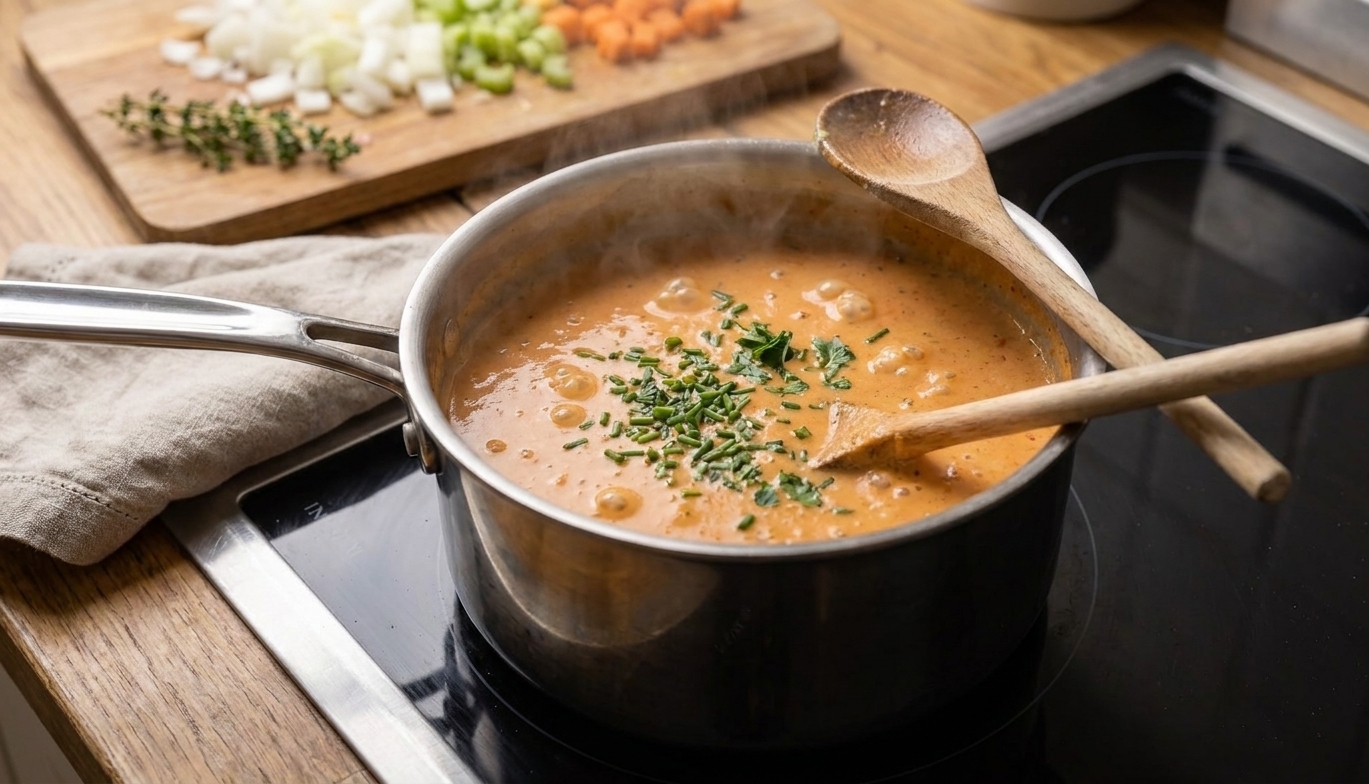 A pot of bisque base gently simmering on the stove with herbs visible on the surface