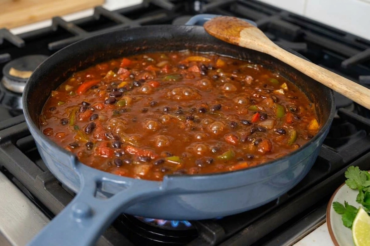 A pot of black bean chili simmering on the stove with small bubbles and visible beans in a thick red sauce
