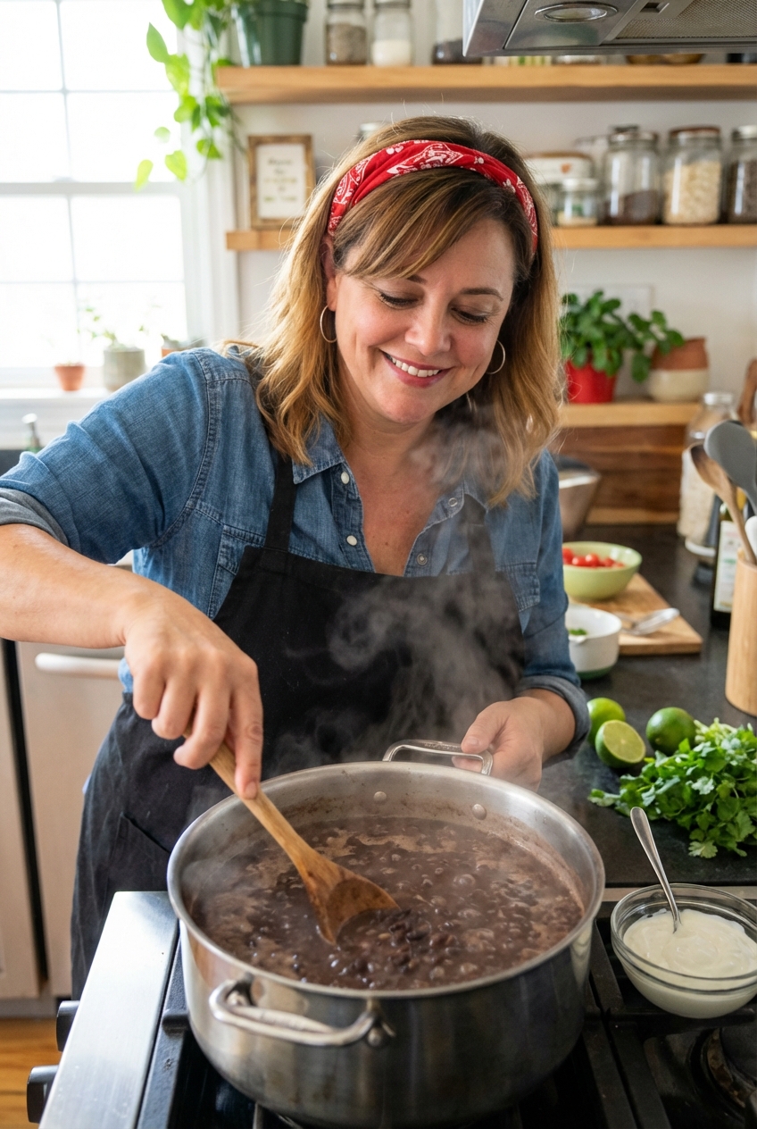 A pot of black bean soup simmering on the stove with a wooden spoon stirring, steam rising in a cozy kitchen