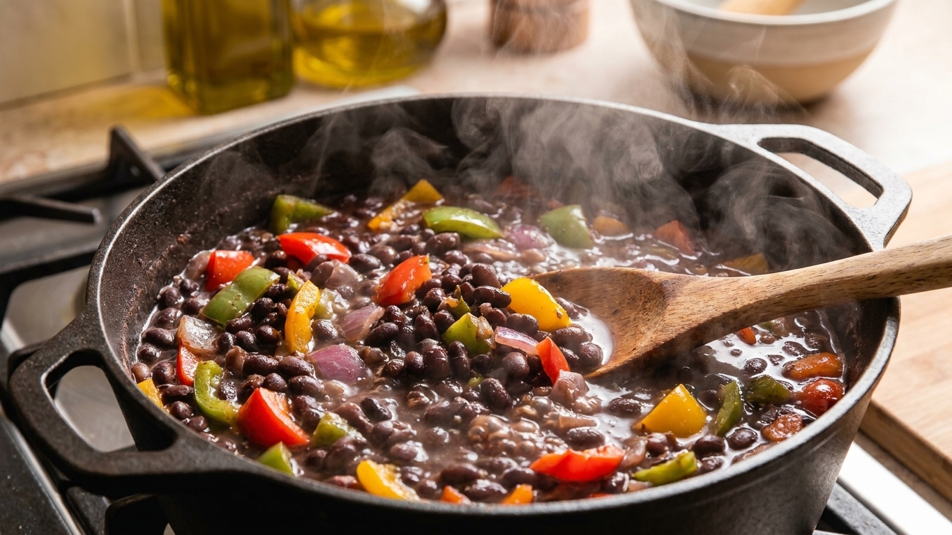 A pot of black beans simmering with visible onion and pepper pieces, steam rising on the stove