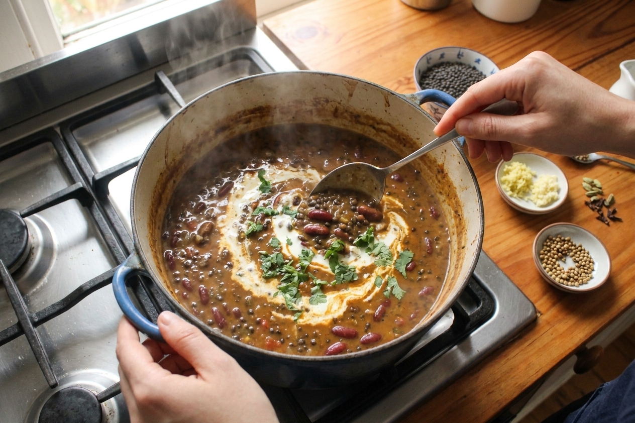 A pot of black lentils and kidney beans gently simmering on a stovetop with steam rising in a home kitchen