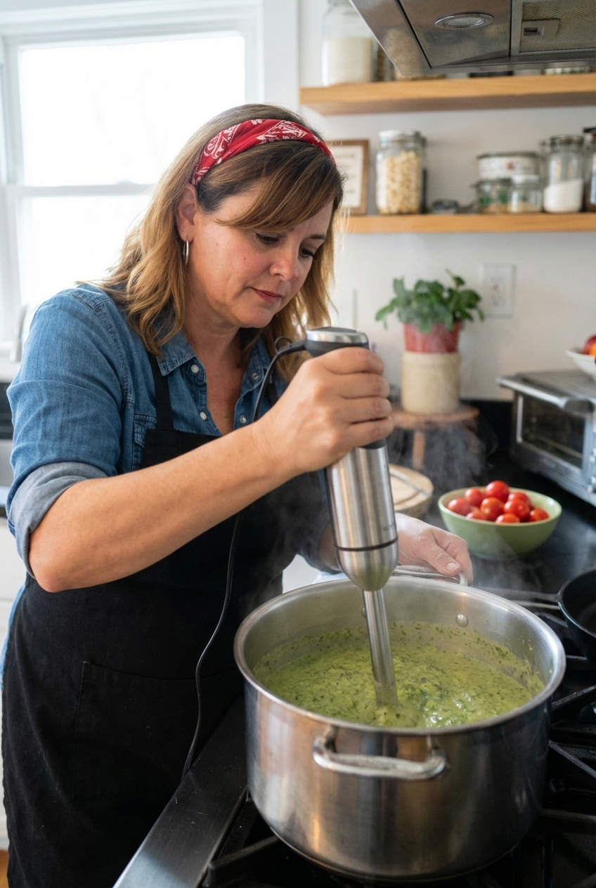 A pot of blended broccoli soup being pureed with an immersion blender