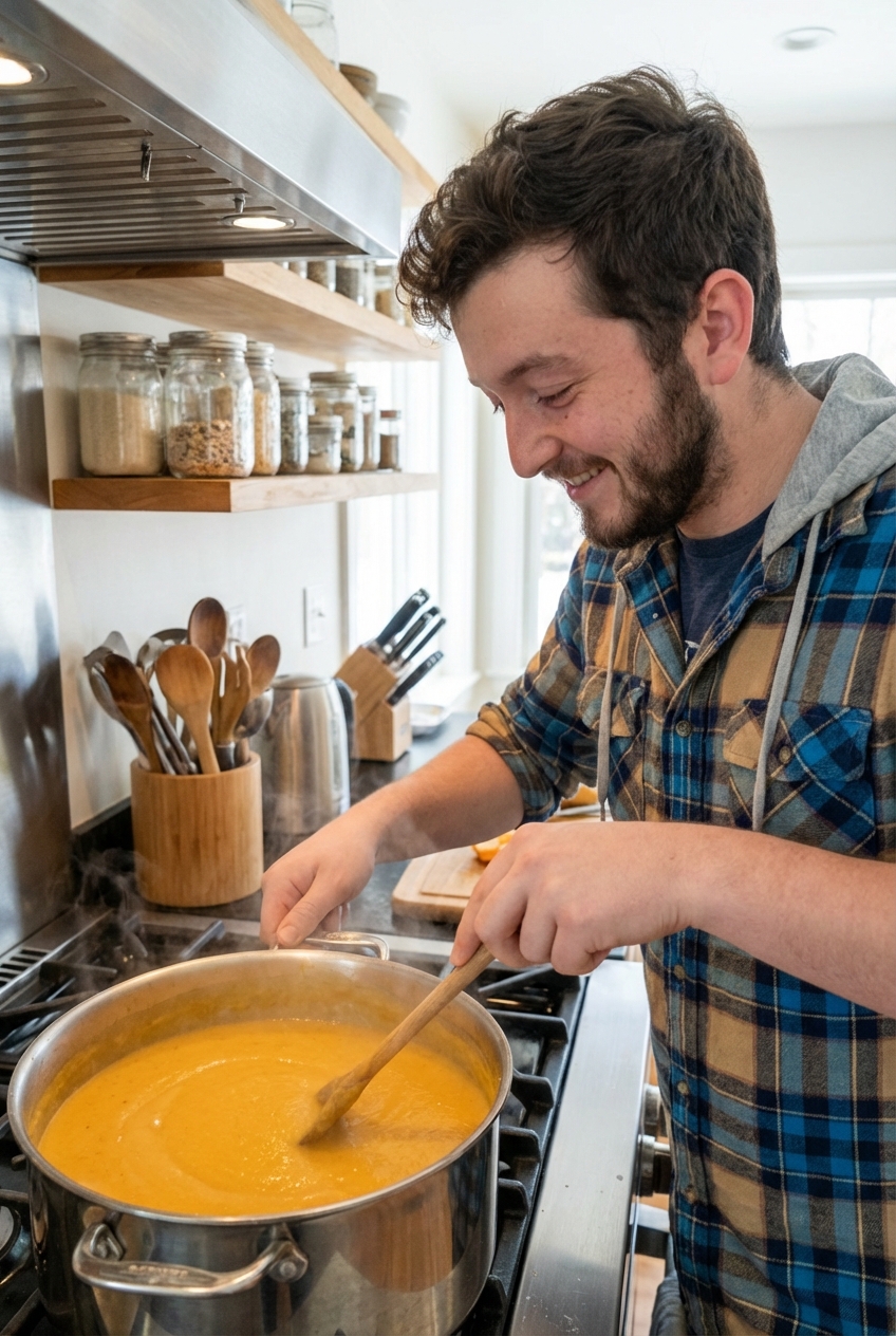 A pot of blended butternut squash soup being stirred with a wooden spoon on a stovetop