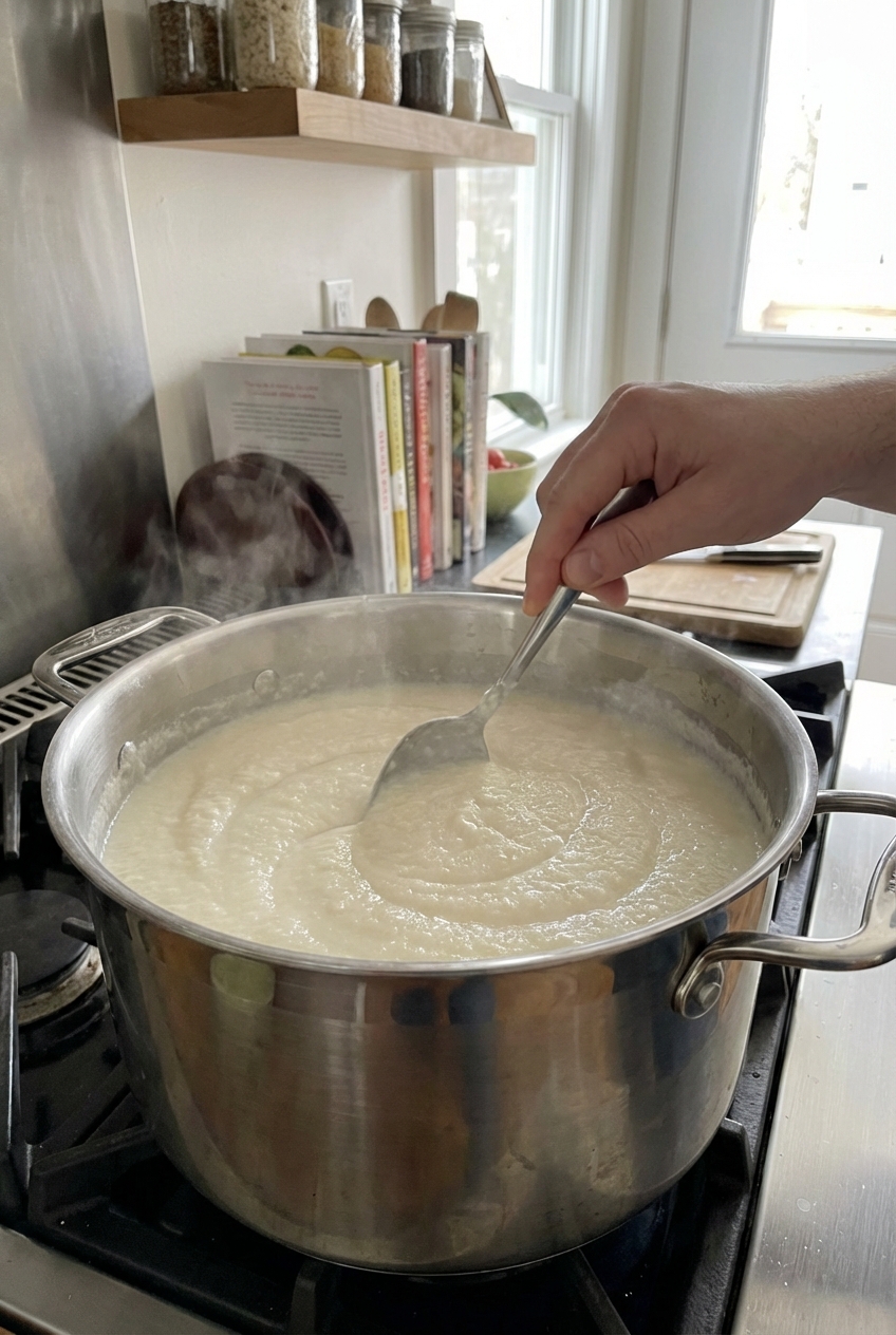 A pot of blended cauliflower soup being stirred with a spoon on the stovetop