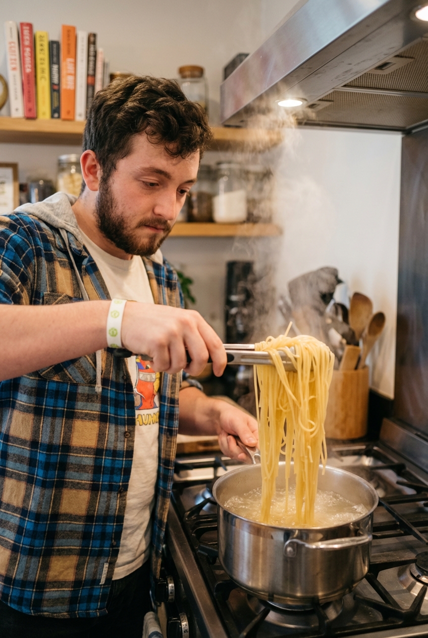 A pot of boiling spaghetti on a stovetop with a pair of tongs lifting noodles from the water