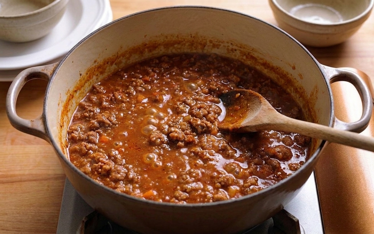 A pot of bolognese sauce gently cooking on the stove with small bubbles and a spoon resting on the edge