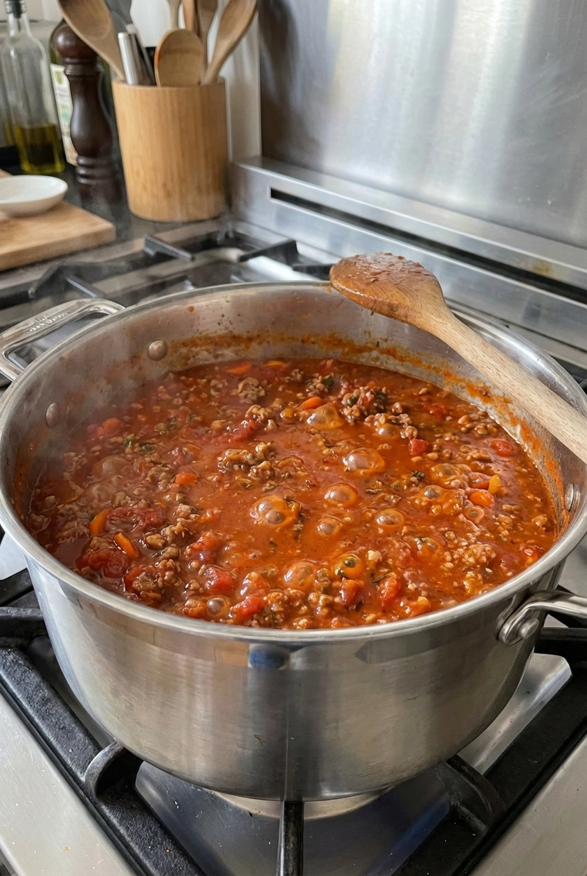 A pot of bolognese sauce simmering on the stove with a wooden spoon resting in the pot