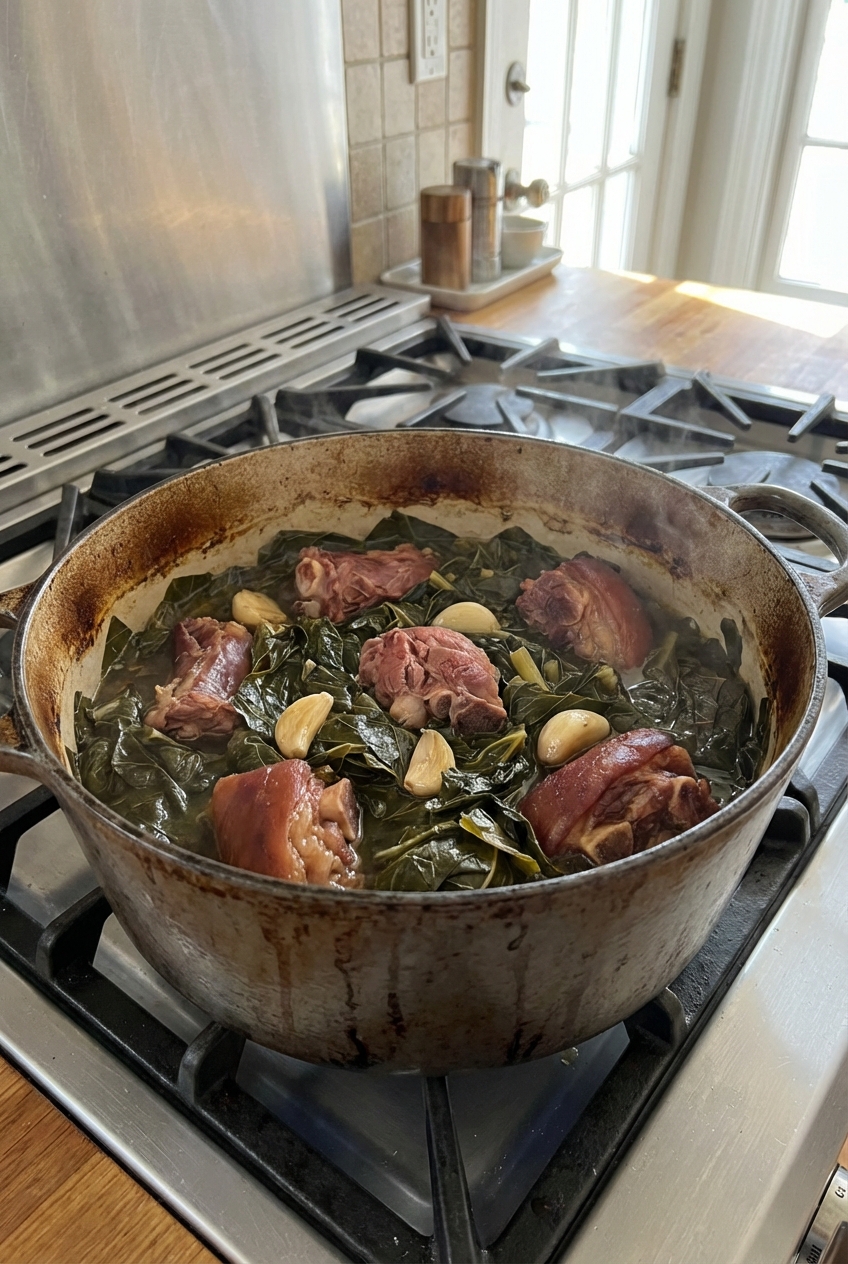 A pot of braised collard greens with visible garlic and smoked meat on a stovetop