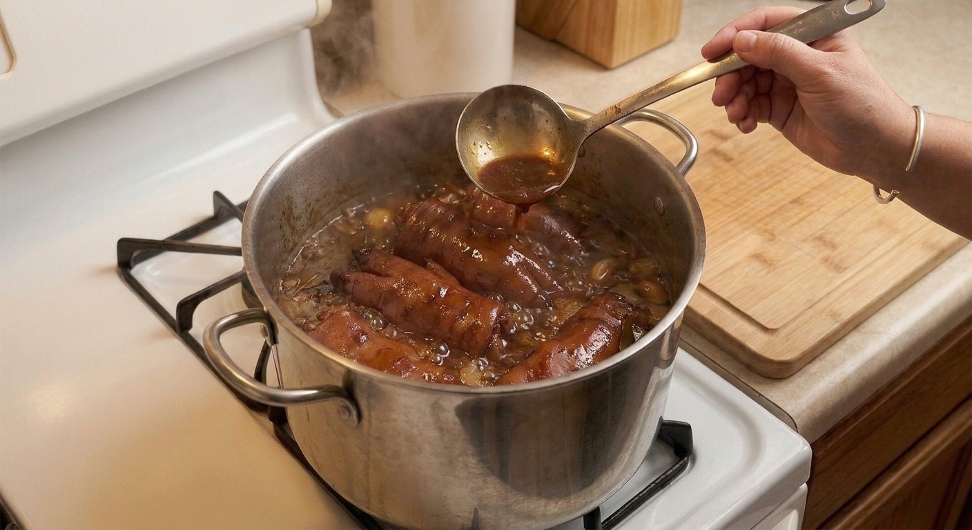 A pot of braised pig feet simmering uncovered as the broth reduces, with a ladle resting on the rim