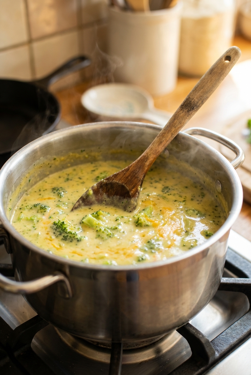 A pot of broccoli cheddar soup simmering on a stovetop with a wooden spoon