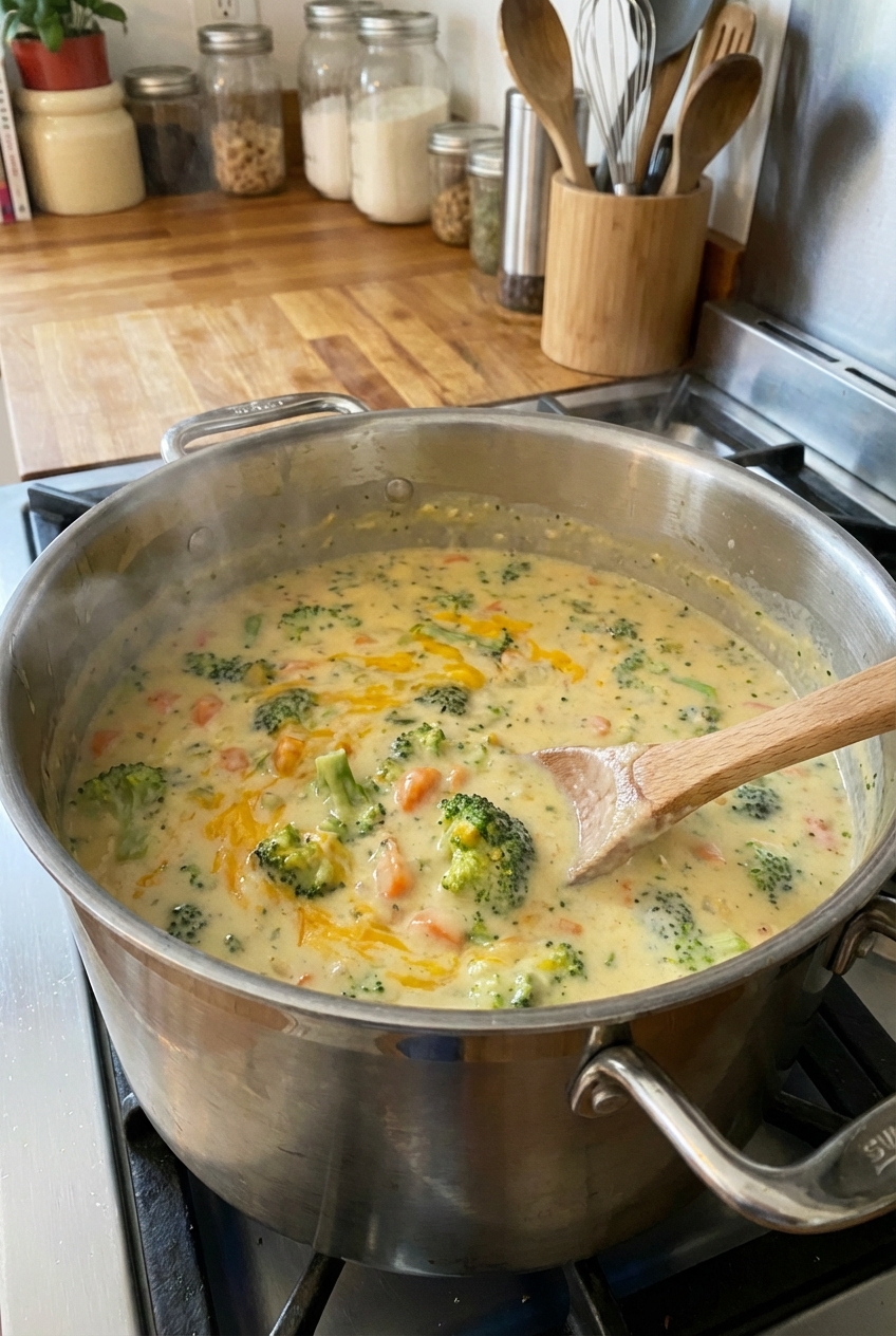 A pot of broccoli cheese soup simmering on a stovetop with a wooden spoon stirring
