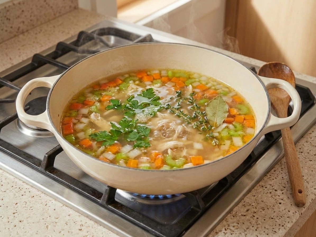 A pot of broth gently simmering with visible herbs and vegetables on a stovetop
