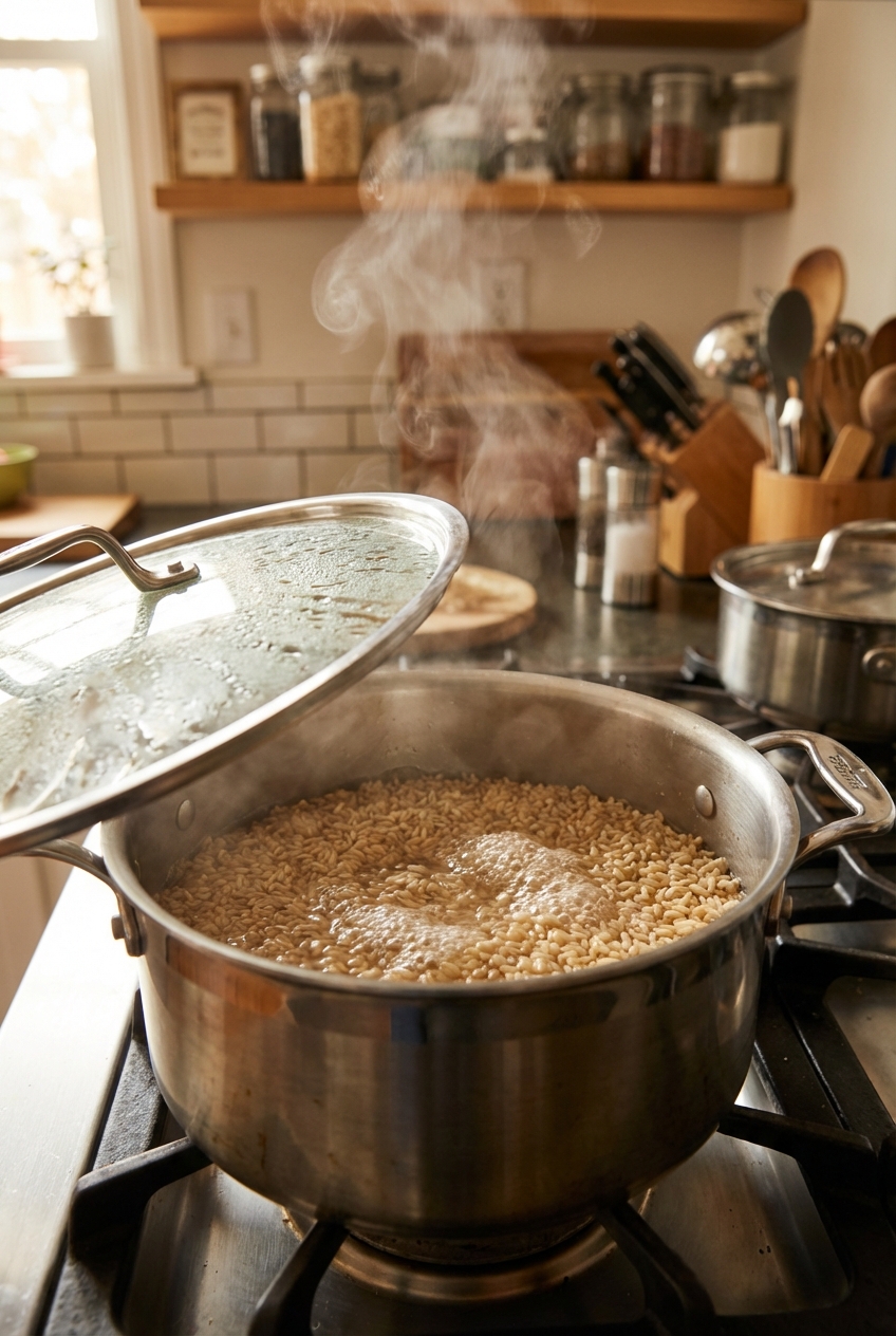 A pot of brown rice simmering on a stovetop with the lid slightly ajar and steam rising