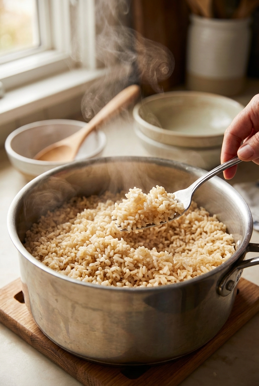 A pot of brown rice with steam rising and a fork fluffing the grains