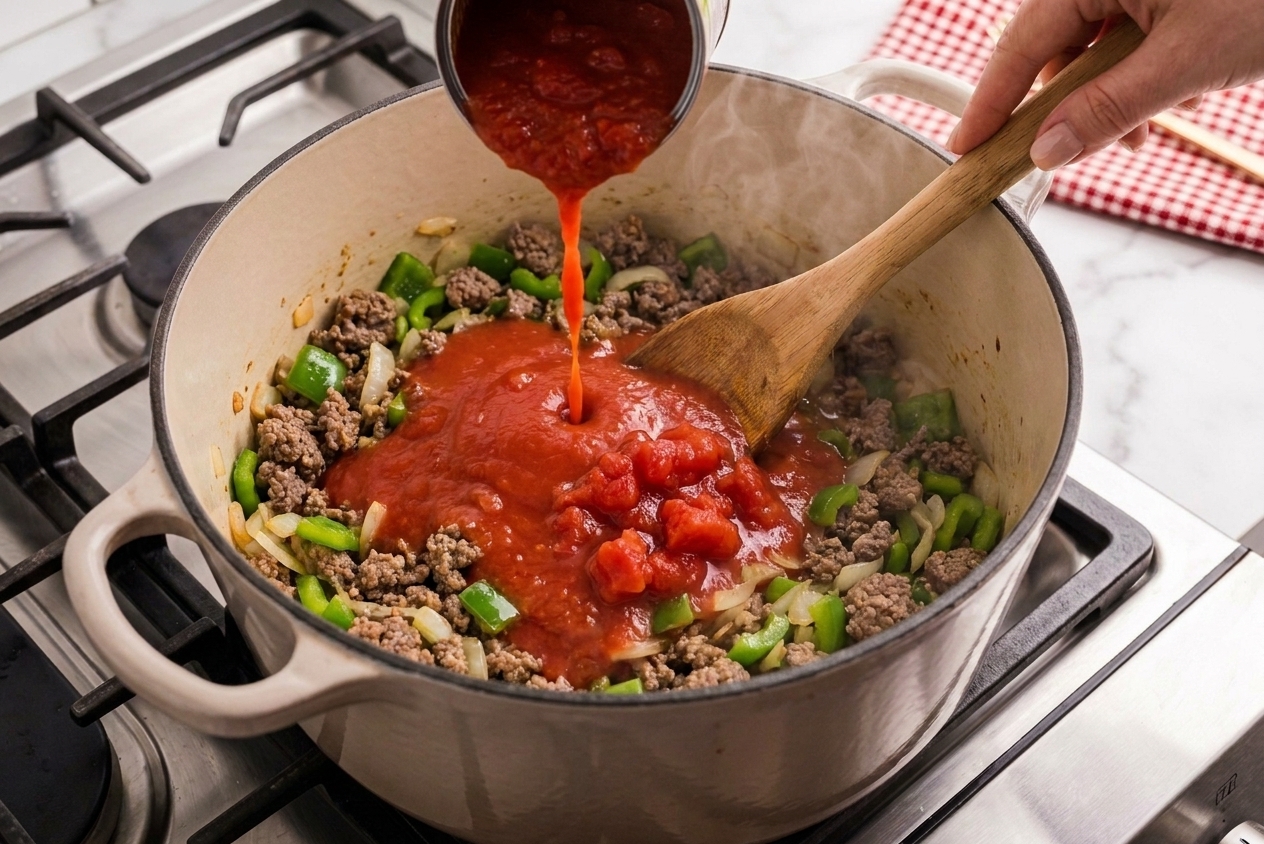 A pot of browned ground beef and vegetables as tomato sauce and diced tomatoes are stirred in, creating a red simmering base