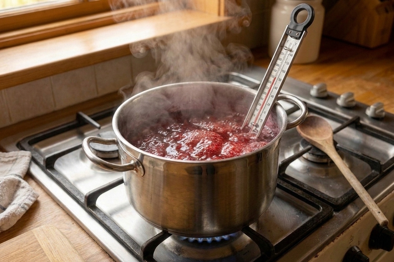 A pot of bubbling crab apple jelly on the stove with a thermometer clipped to the side, steam rising