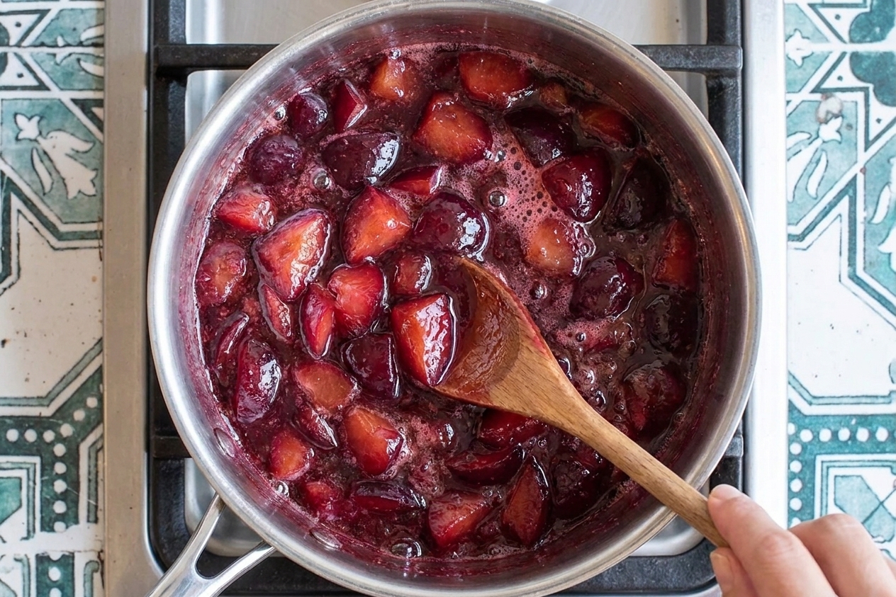 A pot of bubbling plum jam on a stovetop with a wooden spoon stirring, showing thick, glossy purple-red fruit