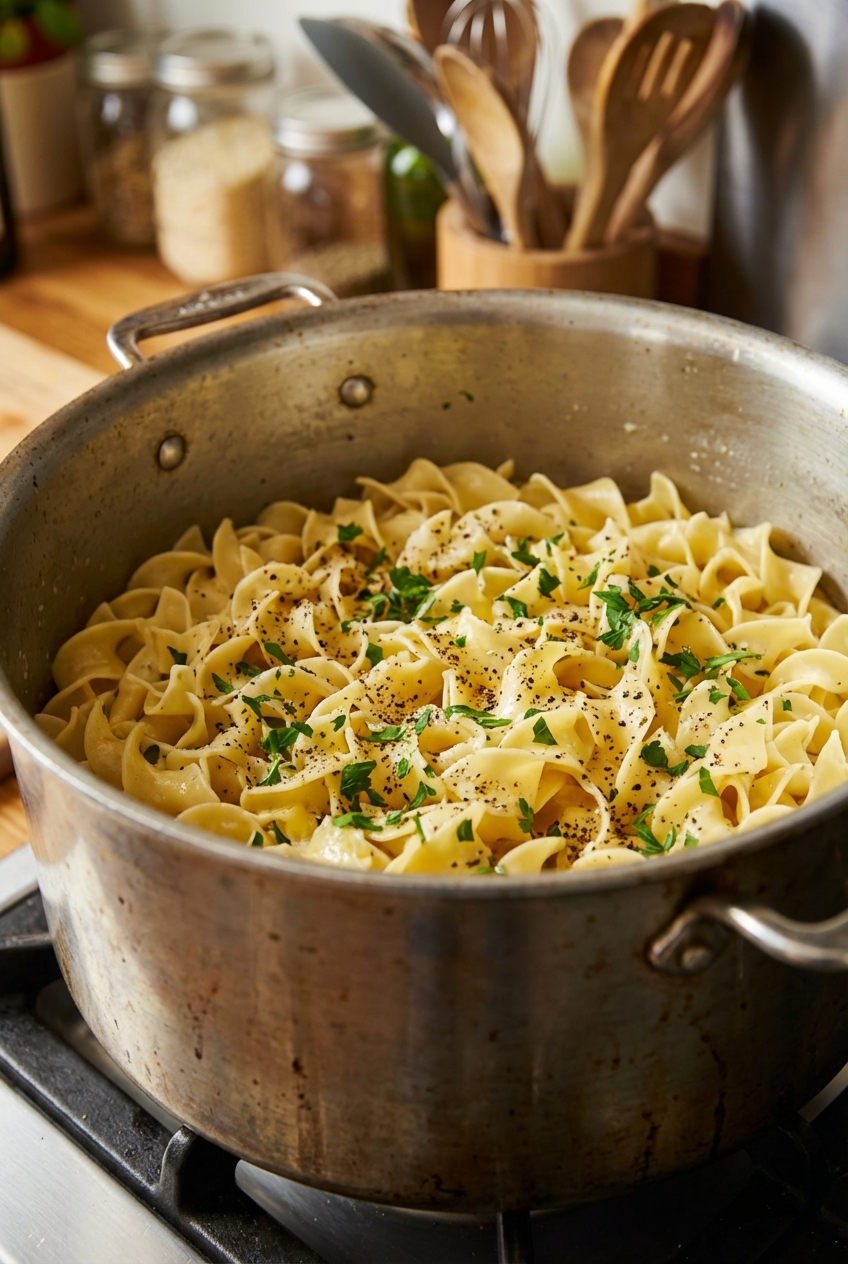 A pot of buttered egg noodles with cracked black pepper and parsley