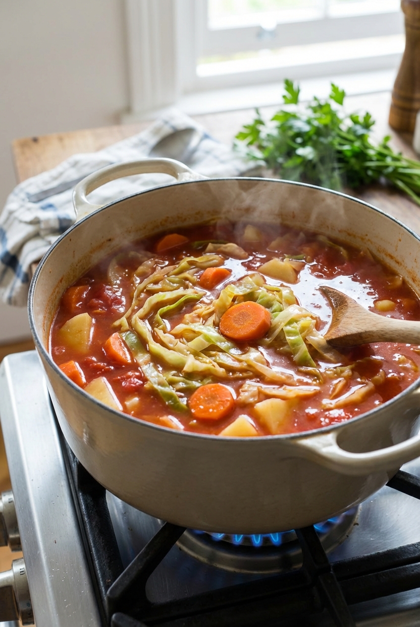 A pot of cabbage soup simmering on a stovetop with visible cabbage ribbons and carrots in a tomato broth