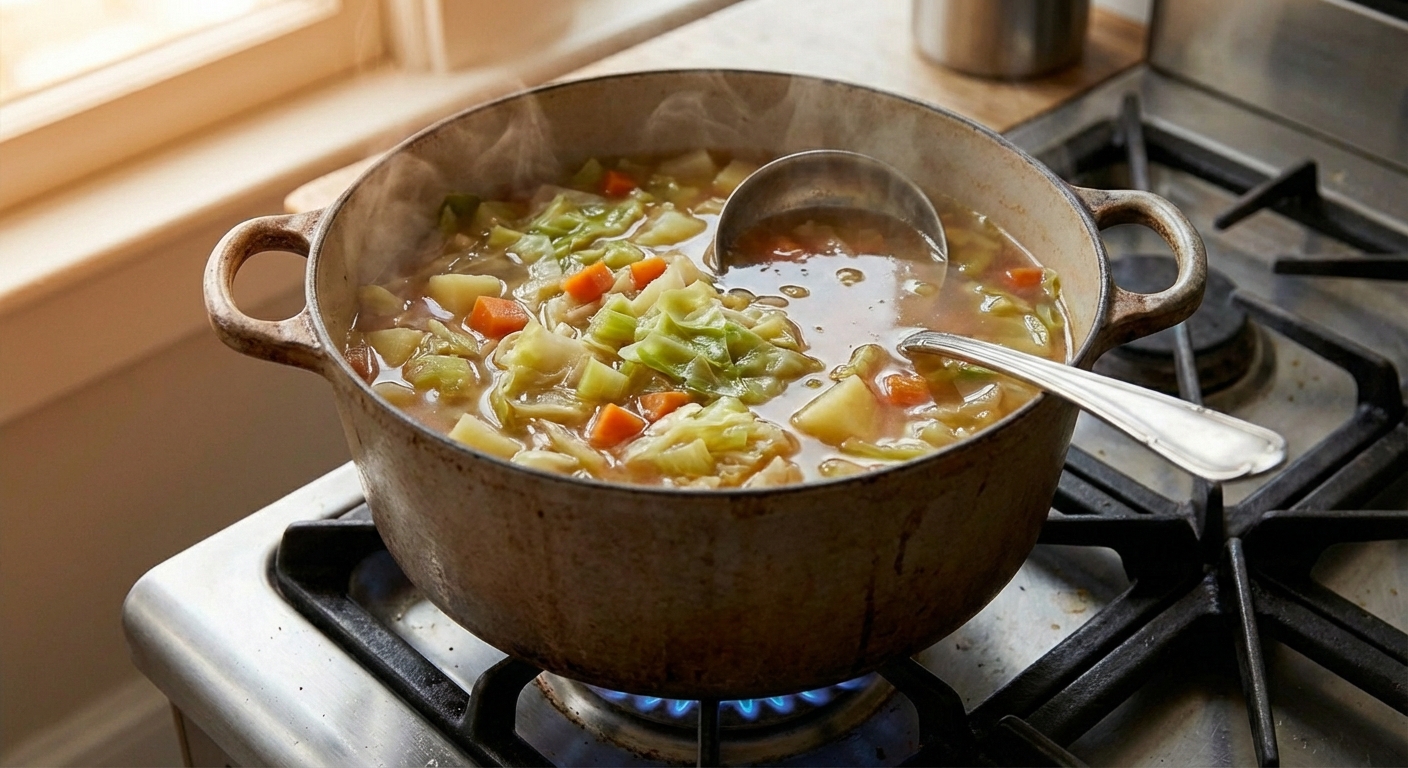 A pot of cabbage soup simmering on a stovetop with a ladle resting on the rim and visible cabbage and carrots in the broth
