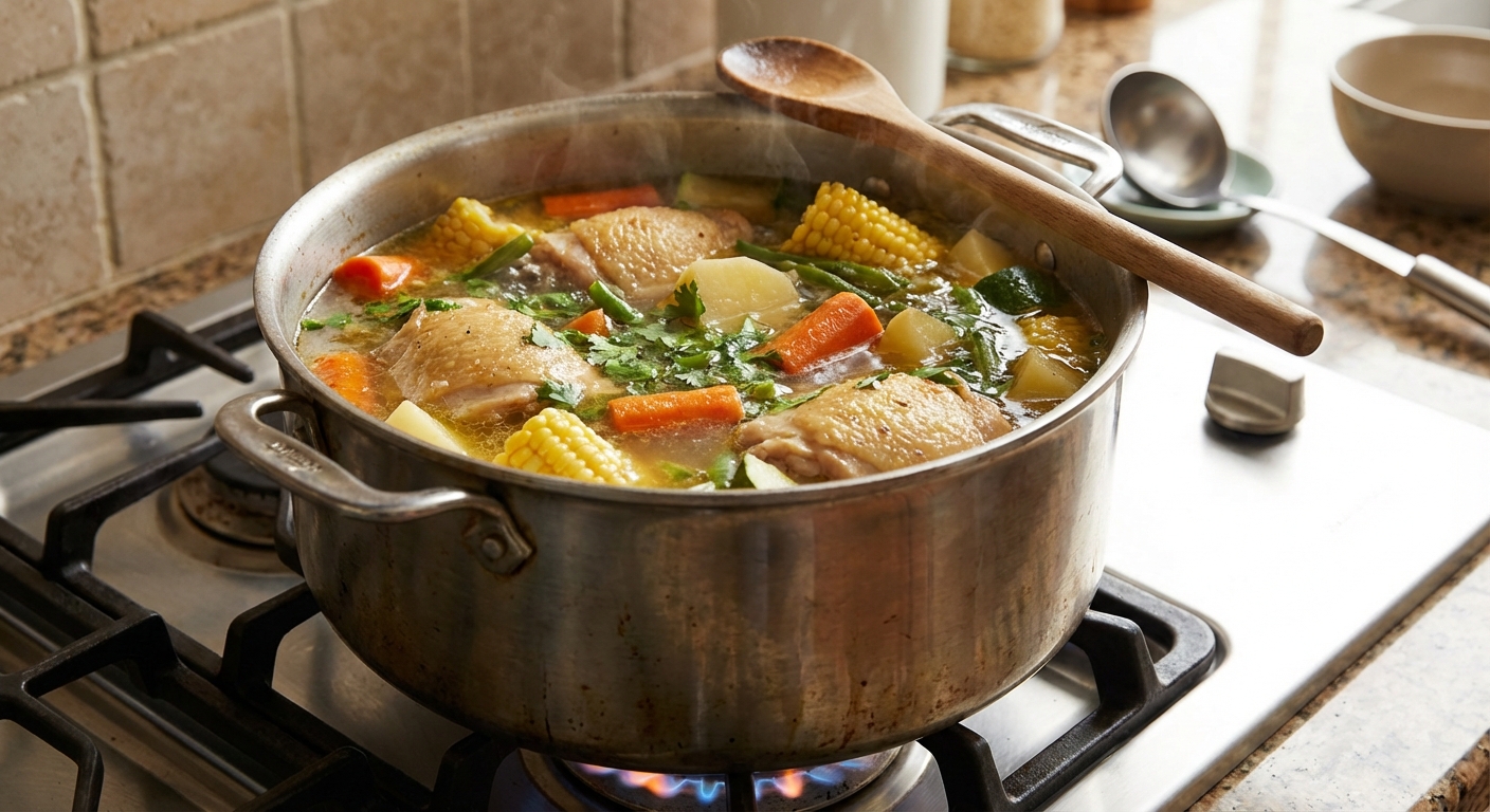 A pot of caldo de pollo simmering on the stove with chicken thighs and vegetables visible in the broth