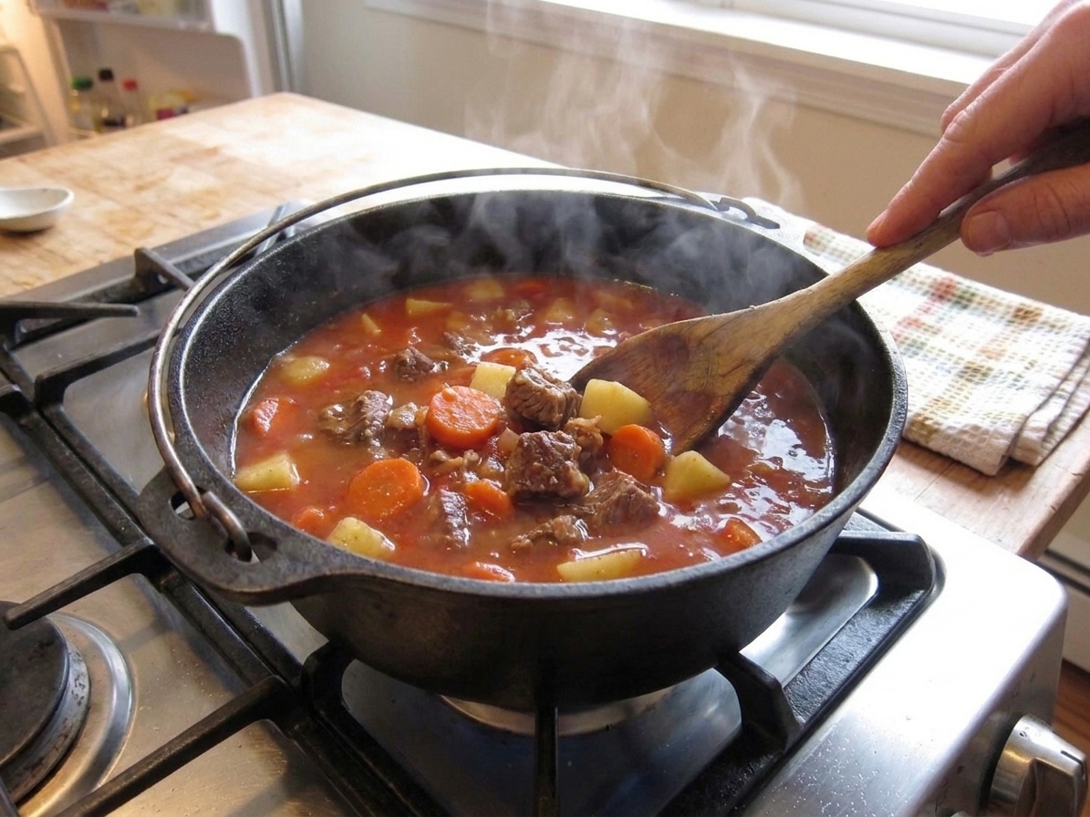 A pot of camel soup gently simmering with visible potatoes and carrots in a tomato-tinted broth