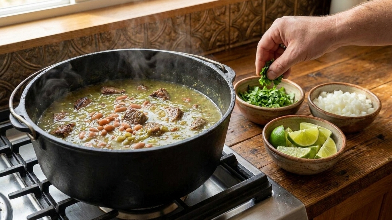 A pot of carne en su jugo on the stove with small bowls of chopped cilantro, diced onion, and lime wedges ready for topping