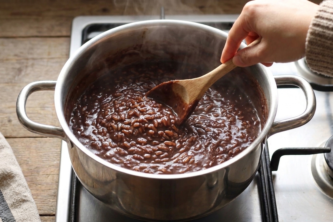 A pot of champorado simmering on the stove with a wooden spoon stirring through the thick chocolate rice porridge