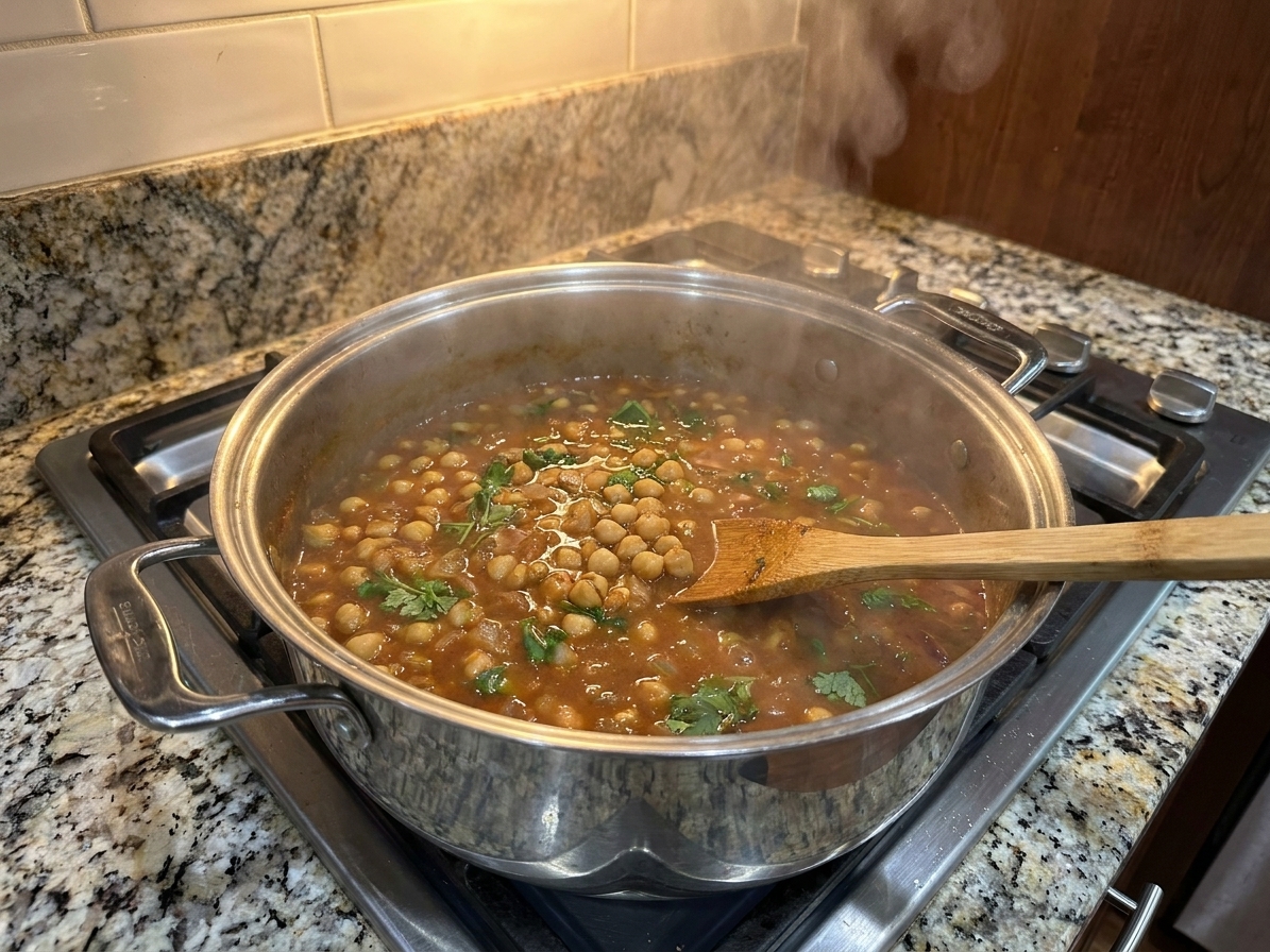 A pot of chana curry simmering on the stove with visible chickpeas and a deep reddish-brown sauce, steam rising in warm kitchen light