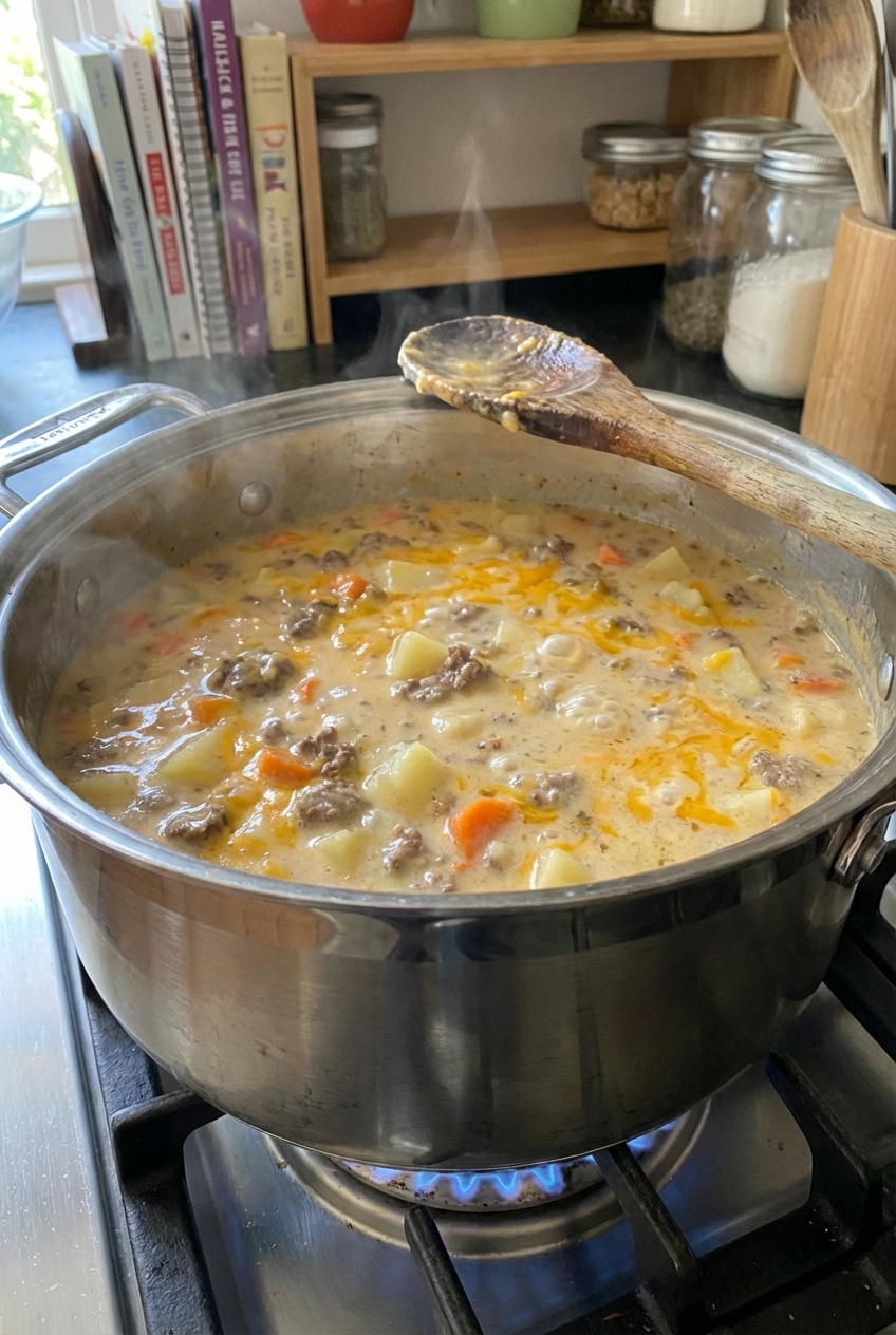 A pot of cheeseburger soup simmering on the stovetop with a wooden spoon resting on the rim