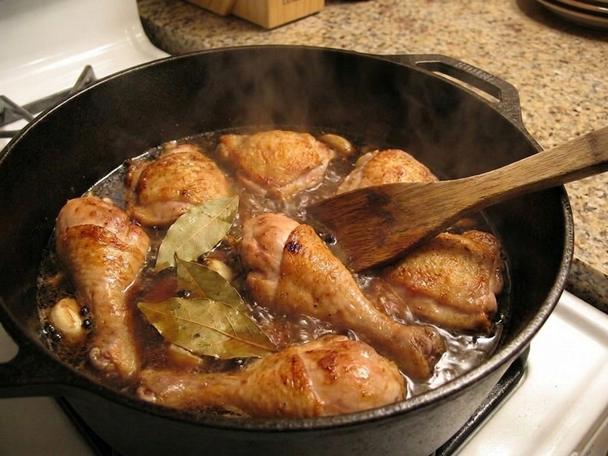 A pot of chicken adobo simmering on the stovetop with bay leaves visible