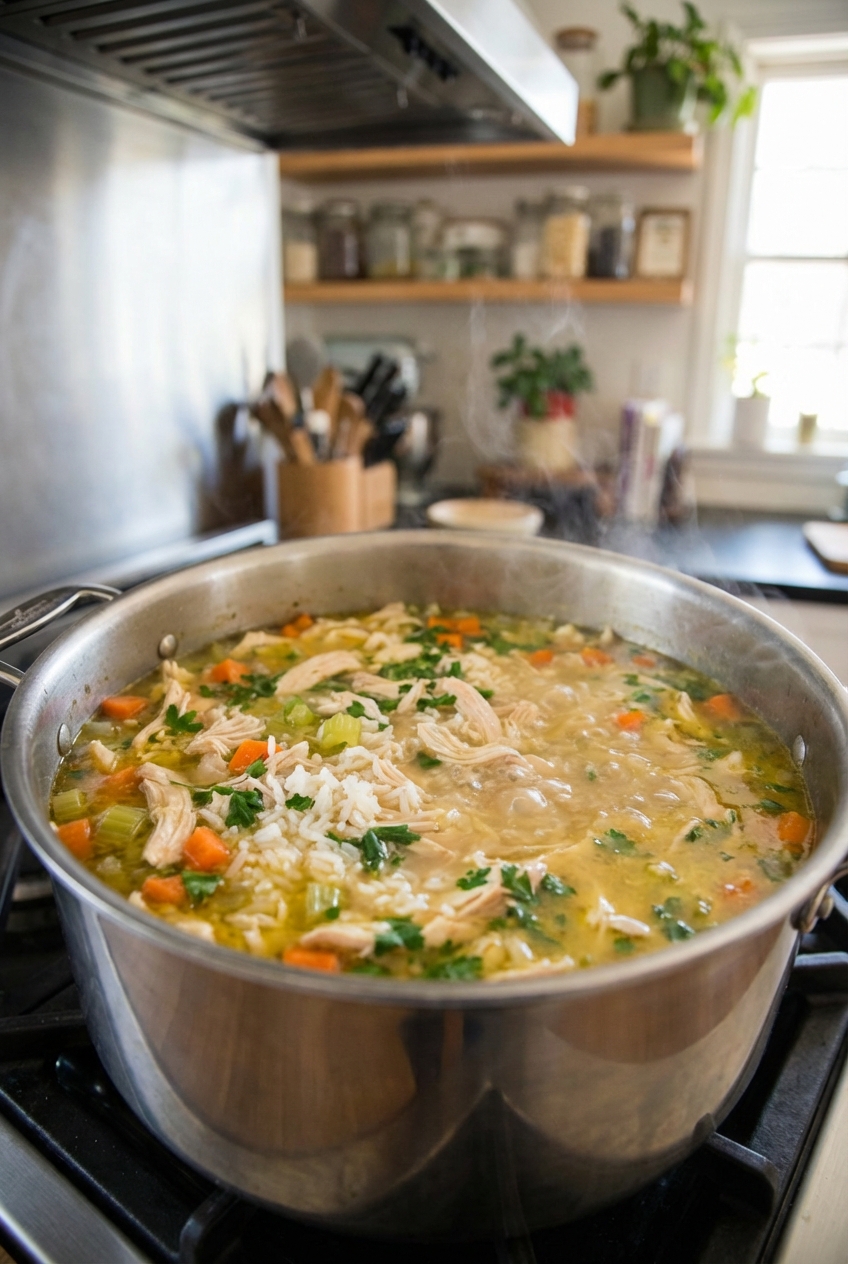 A pot of chicken and rice soup simmering on a stovetop with visible shredded chicken and vegetables