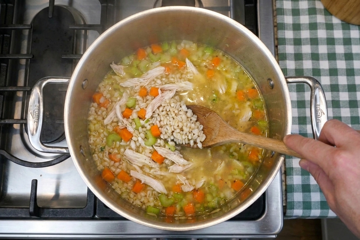 A pot of chicken barley soup on the stove with shredded chicken and barley visible in the broth