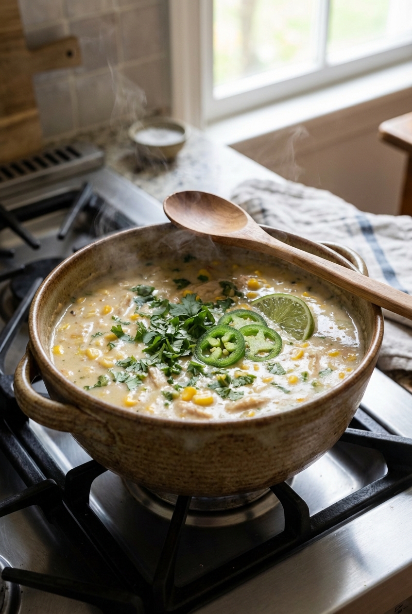 A pot of chicken corn chowder simmering on a stovetop with a wooden spoon resting on the rim